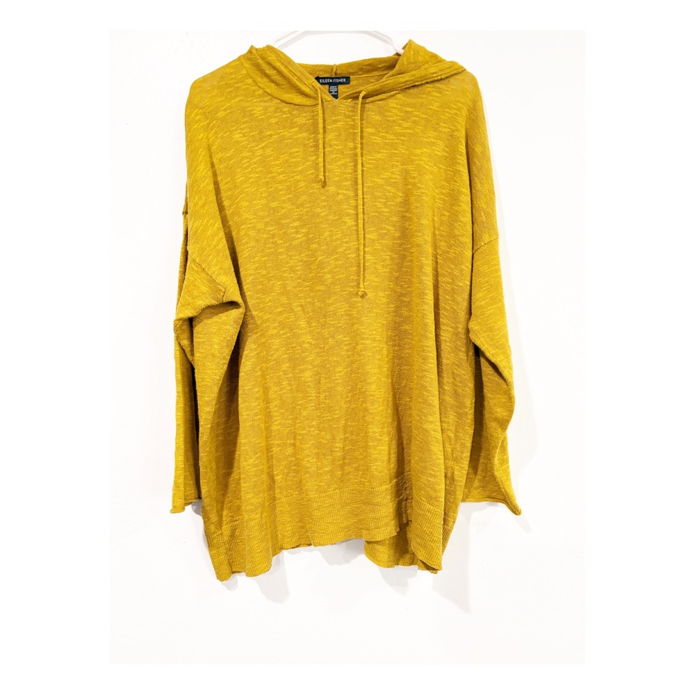 Eileen Fisher Mustard Yellow Organic Linen Cotton Knit Hooded Sweater Large